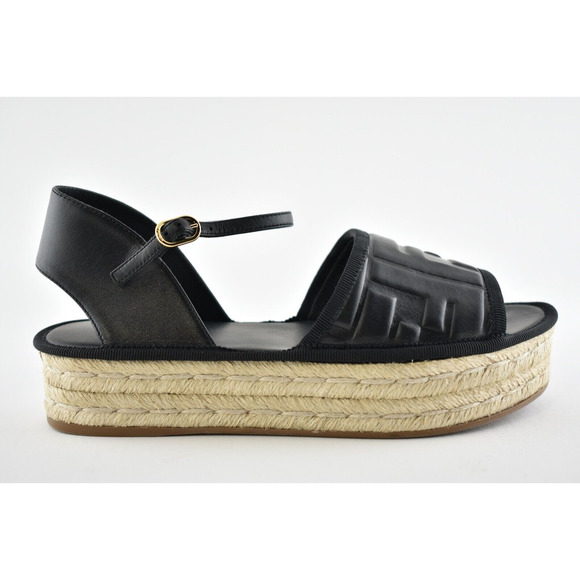 Fendi Black Leather Logo Slide Flat Ankle Strap Platform Espadrille Sandal 36.5 - Picture 2 of 11
